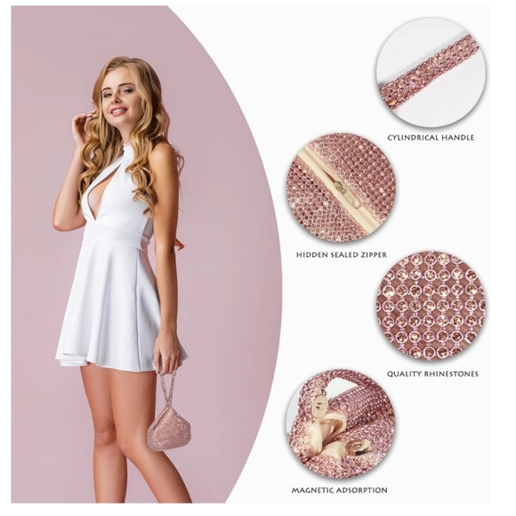 Women's Rose Gold Rhinestone Clutch Handbag Purse - Picture 2 of 9